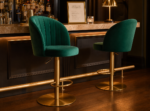 Velvet Upholstered Swivel Bar Stool with Gold Metal Base