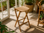 Folding Wooden Bar Stool with Natural Rattan Seat